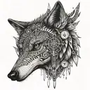 A dotwork design of a tribal wolf with a compass in its mouth, representing the client's passion for both animals and exploration tattoo design idea