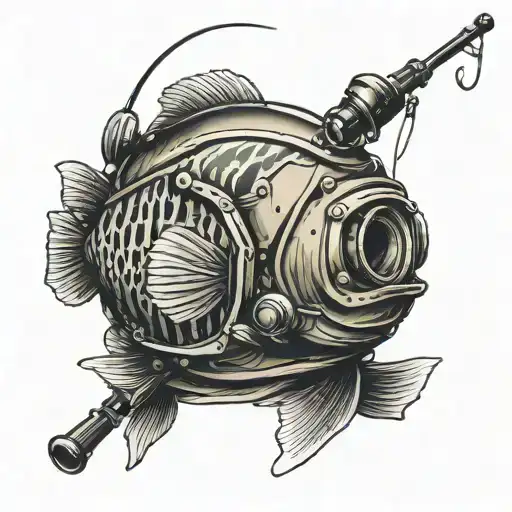diver helmet with striped bass and fishing pole  tattoo design idea