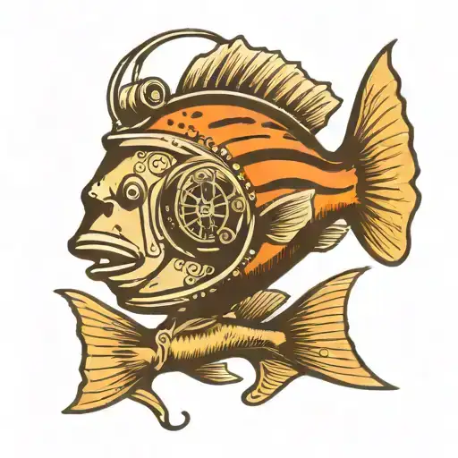 diver helmet with striped bass fish tattoo design idea