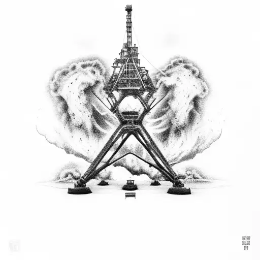 oil rig on fire with the initials TWC, surrounded by bodybuilders tattoo design idea