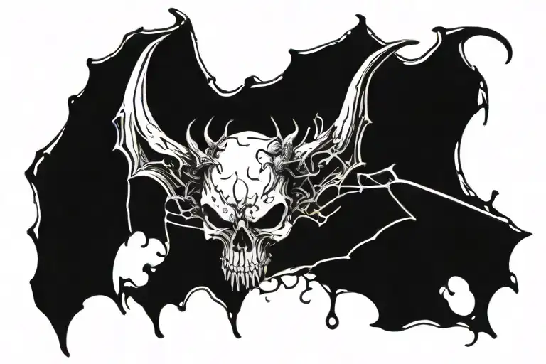 broken bat wings that in the middle it has a face melted between a skull and a devil with horns  tattoo design idea