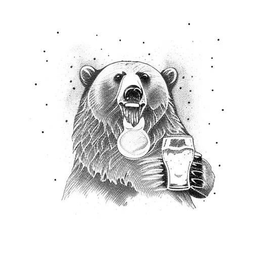 A majestic grizzly bear holding a beer mug in its paw tattoo design idea