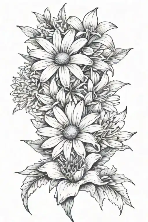 daisy, chrysanthemum, paperwhites, lily flower  tattoo design idea