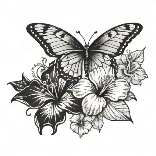 butterfly and hibiscus flowers tattoo design idea