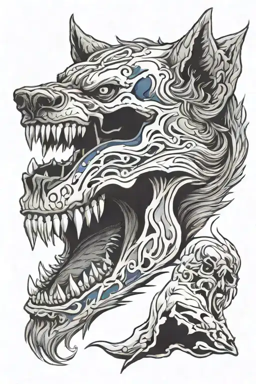 Skull over an growling wolf tattoo design idea