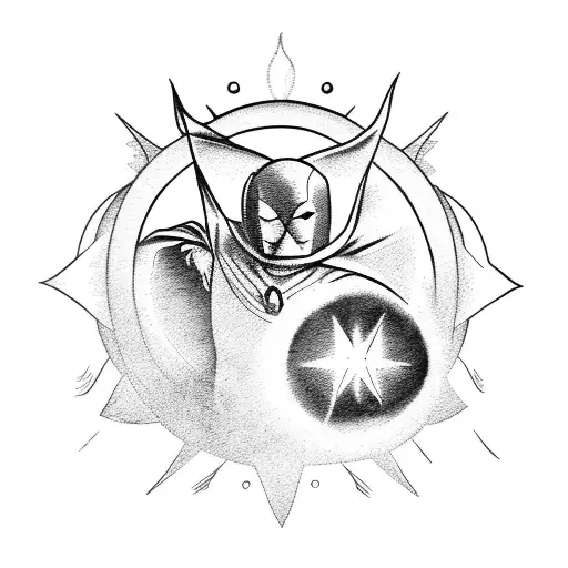 Superhero standing in front of an eclipse with a sun and a moon tattoo design idea