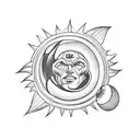 Superhero standing in front of an eclipse with a sun and a moon tattoo design idea