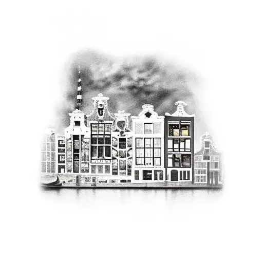 A realistic tattoo of a Quilmes beer bottle surrounded by Amsterdam's iconic canal houses, combining the client's love for both cities tattoo design idea