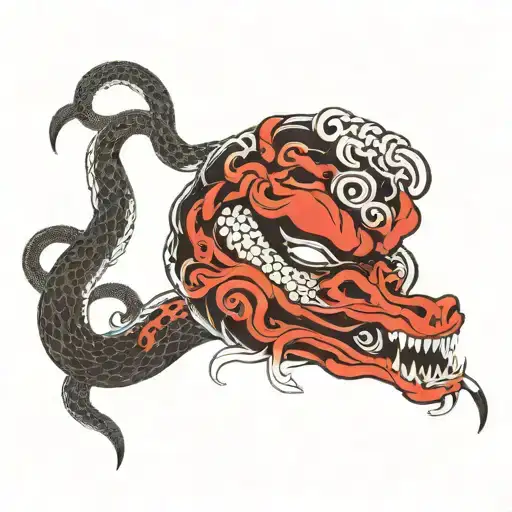 hanya mask merged with snake intertwined black and white tattoo design idea