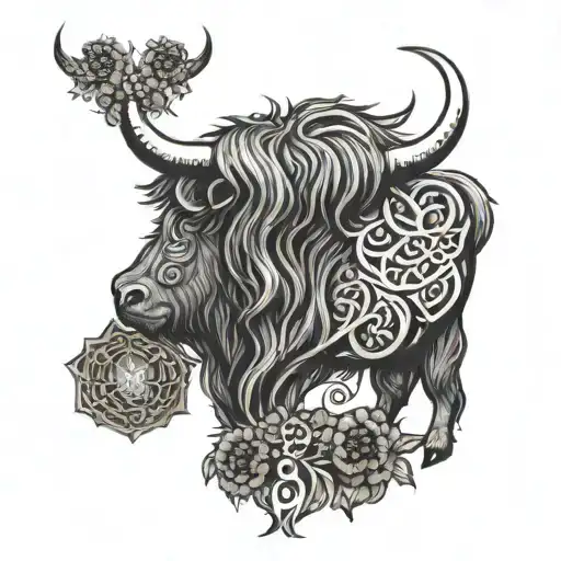 triskele made of Scottish thistle behind a highland cow tattoo design idea