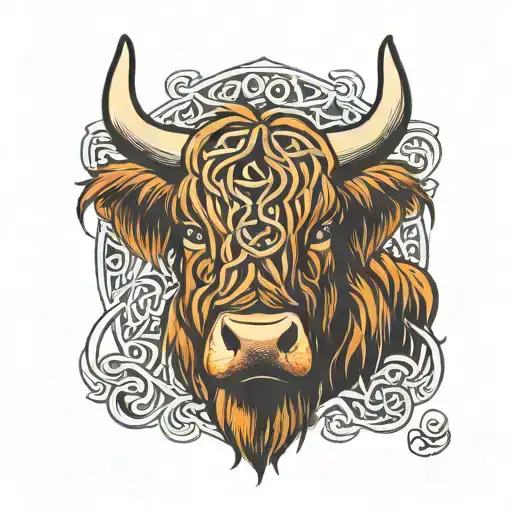 Celtic knot behind the head of a highland cow tattoo design idea