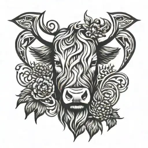 triskele symbol and Scottish longhorn highland cow Head and thistle  tattoo design idea
