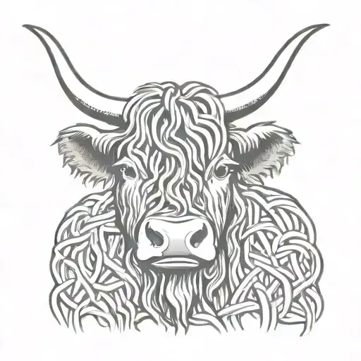 Celtic knot behind the head of a highland cow tattoo design idea