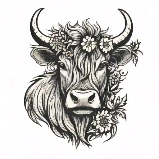 triskele made of Scottish thistle behind the head of a Highland cow tattoo design idea