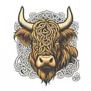 Celtic knot behind the head of a highland cow tattoo design idea