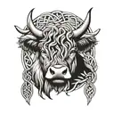 Celtic knot behind the head of a highland cow tattoo design idea