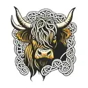 Celtic knot behind the head of a highland cow tattoo design idea