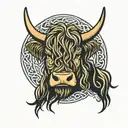 Celtic knot behind the head of a highland cow tattoo design idea