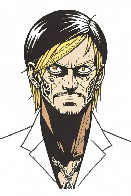 sanji one piece in helltaker style , no hands, 0 hands tattoo design idea