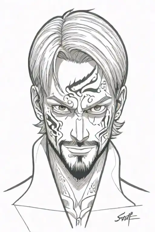 sanji one piece in an cartoon style , no hands, 0 hands, nothing on characters face tattoo design idea