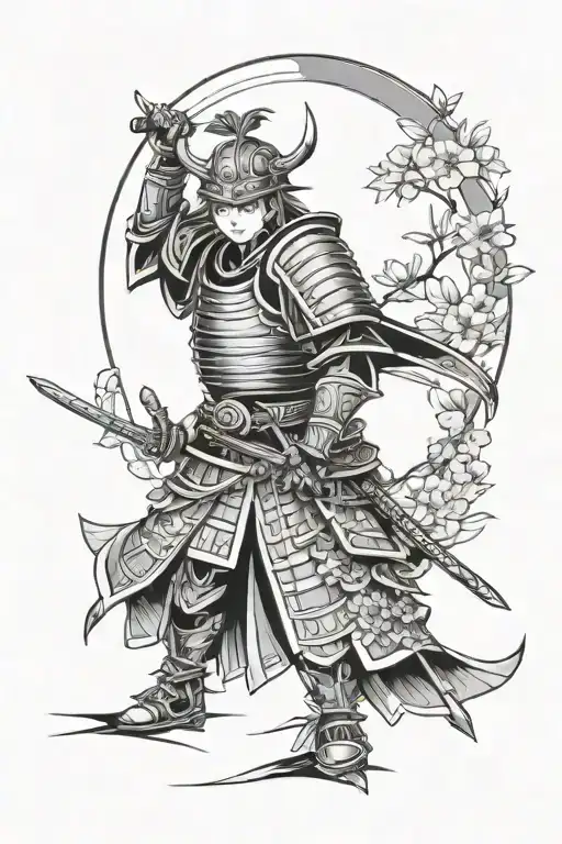 A tattoo of an anime character in a traditional Japanese samurai armor, with thick line art detail tattoo design idea