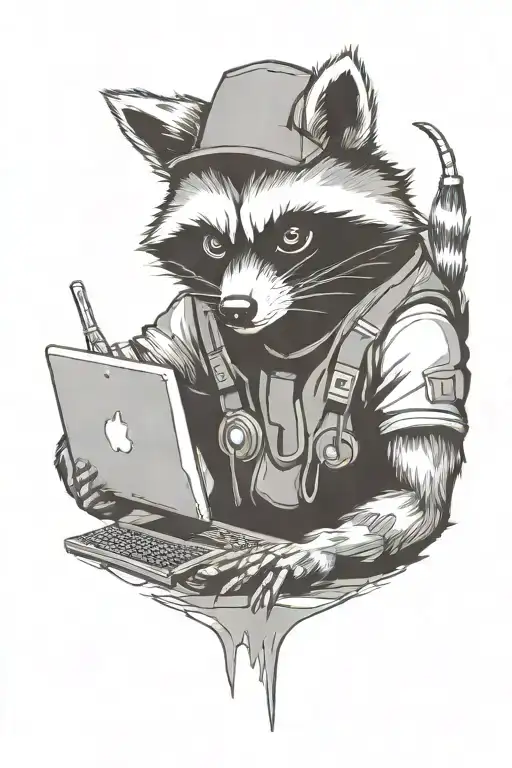 hacker racoon with computer  tattoo design idea