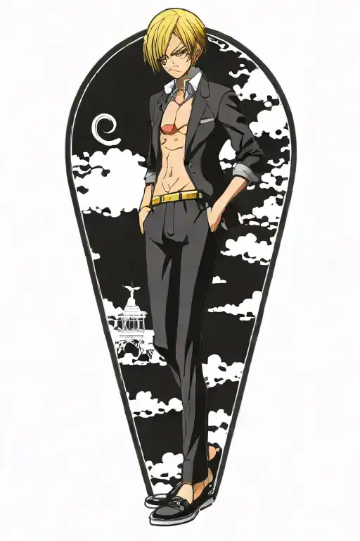 sanji one piece in a style , no hands, 0 hands, no face tattoos tattoo design idea