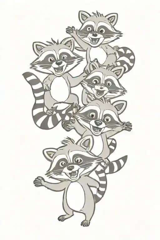 4 cartoon racoons playing together tattoo design idea