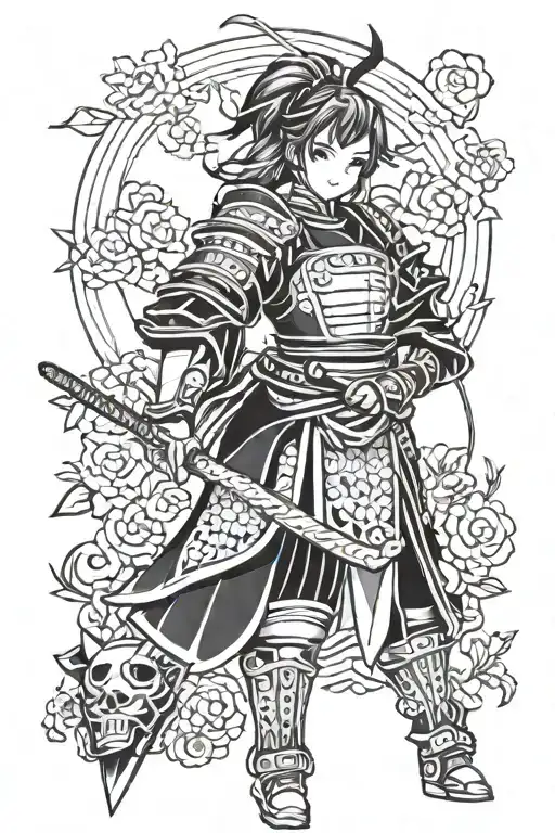 A tattoo of a female anime character in a traditional Japanese samurai armor, with thick line art detail tattoo design idea