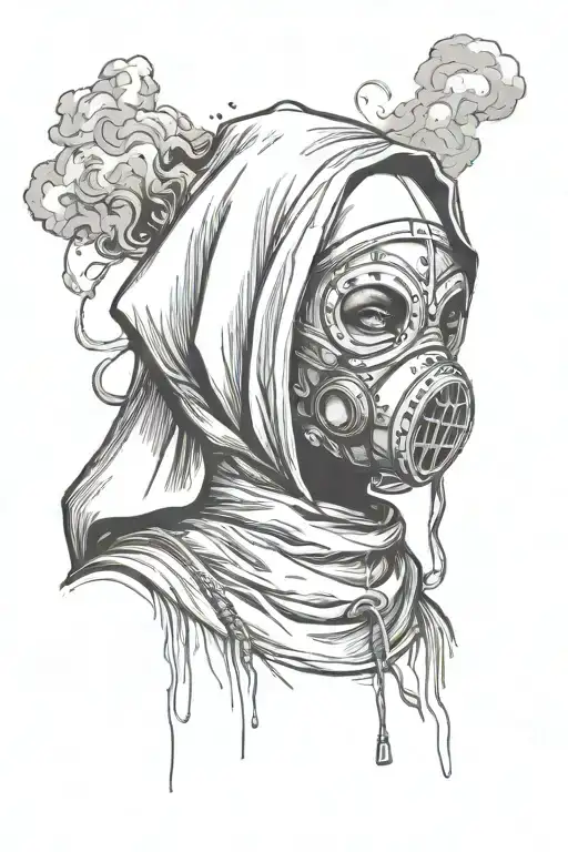 sexy nun wearing a gass mask surrounded by smoke rising tattoo design idea