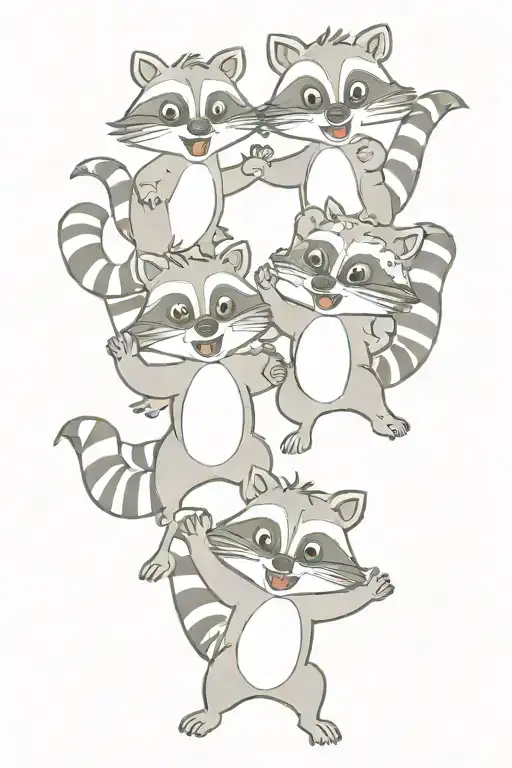 4 cartoon racoons playing together tattoo design idea