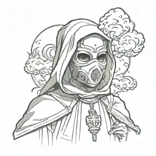 sexy nun wearing a gass mask surrounded by smoke rising tattoo design idea