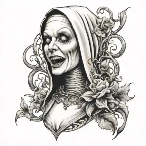nun with monster teeth, vines wraping around it tattoo design idea