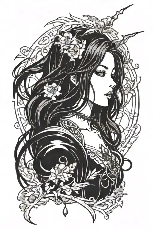 A tattoo of a female anime character in a goth style, with thick line art detail tattoo design idea