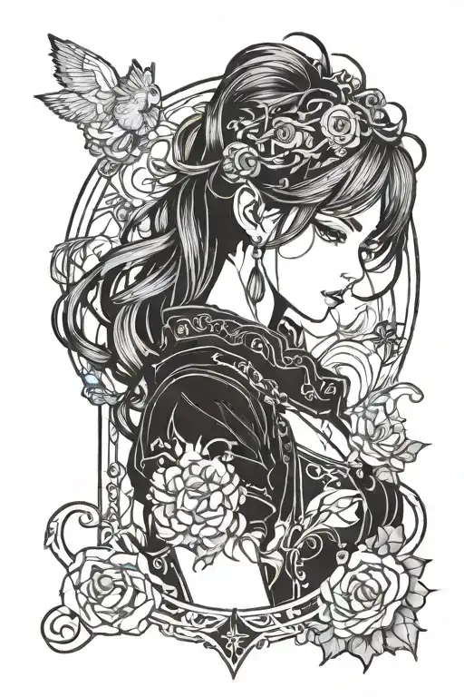 A tattoo of a female anime character in a gothic style, with thick line art detail tattoo design idea