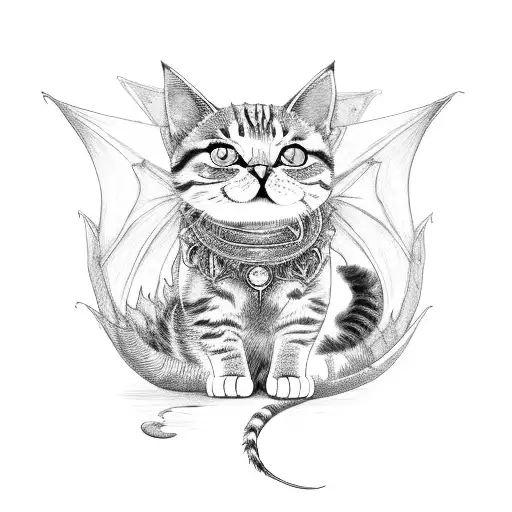 Cat with fiery eyes sitting on a dragon's back tattoo design idea