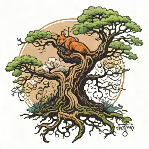 Yggdrasil with ratatoskr climbing up tattoo design idea