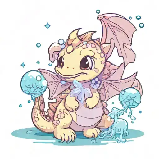 a cute but strong-looking dragon, hugged by a mini jellyfish with three sparkles around it tattoo design idea