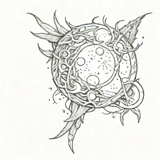 a sketch of a paired tattoo, an ouroboros on the moon of the month with spikes tattoo design idea