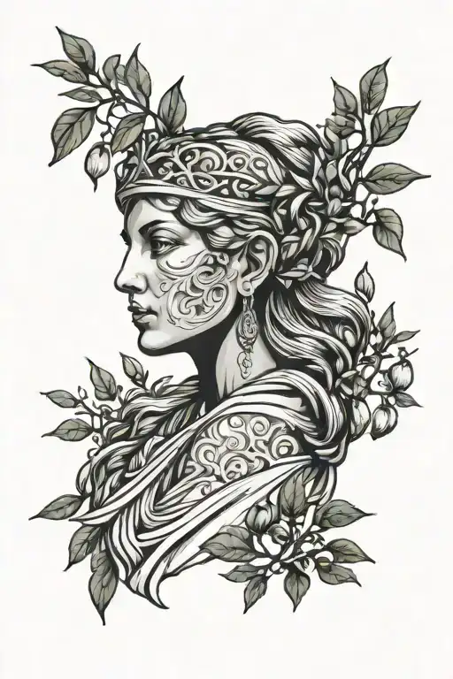 goddes athena greek goddes fornt of olive tree tattoo design idea