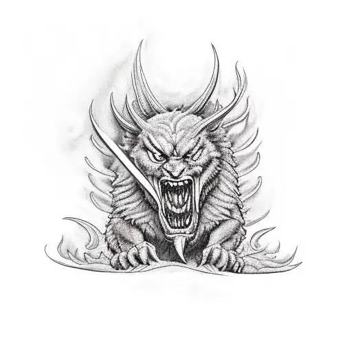 How about a fierce devil, one foot planted on blazing terrain, his back turned defiantly, while a hyper-realistic tail c tattoo design idea