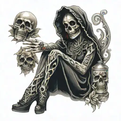 Santa Muerte, only one red component, Stiches on mouth, front angle, pretty girl, fine lines  tattoo design idea