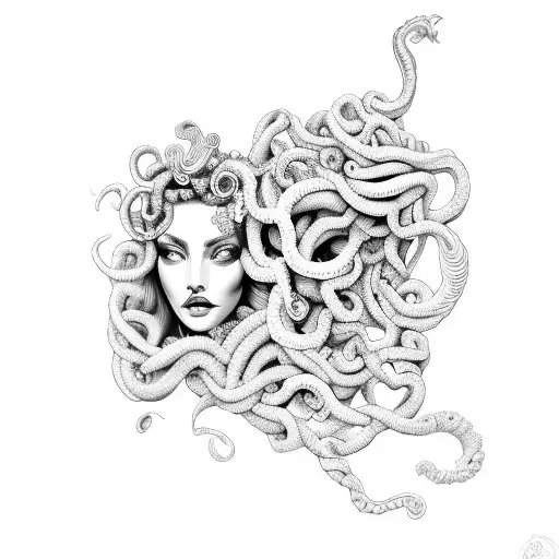 medusa, mulher linda com cobrad na cabeça  tattoo design idea