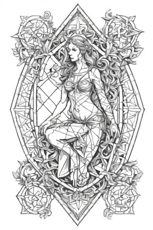 Pythagorean theorym with a druid-like wood nymph surrounded tattoo design idea