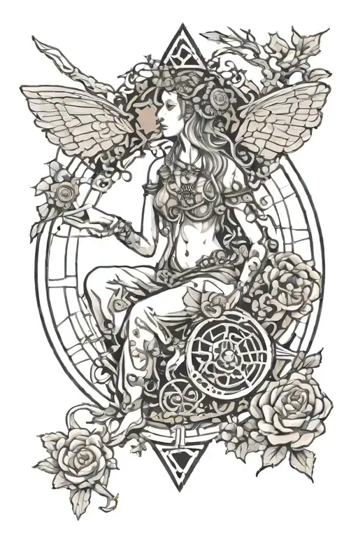 Pythagorean theorym with a druid-like wood nymph surrounded tattoo design idea