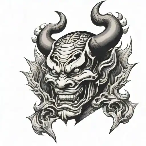 a hannya mask from hell with symmetrical, aggressive facial features tattoo design idea