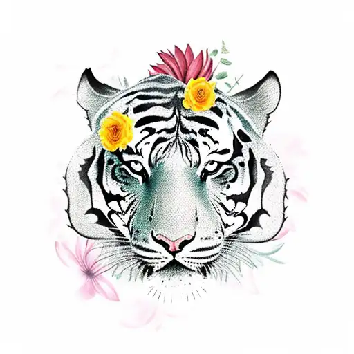 neo traditional tiger and flowers tattoo design idea