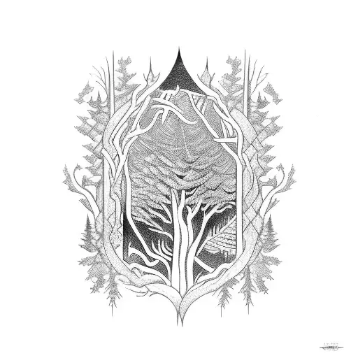 A mystical forest scene with hidden symbols of knowledge woven into the trees and animals tattoo design idea