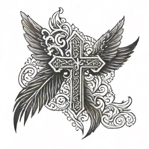 Nordic theme cross with wings tattoo design idea
