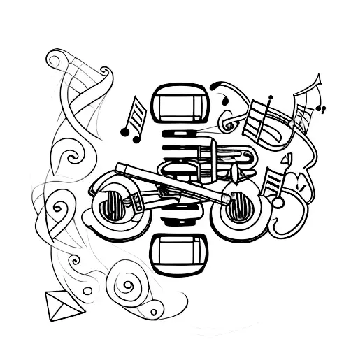 A minimalist tattoo of a scooter with musical instruments integrated into the design tattoo design idea